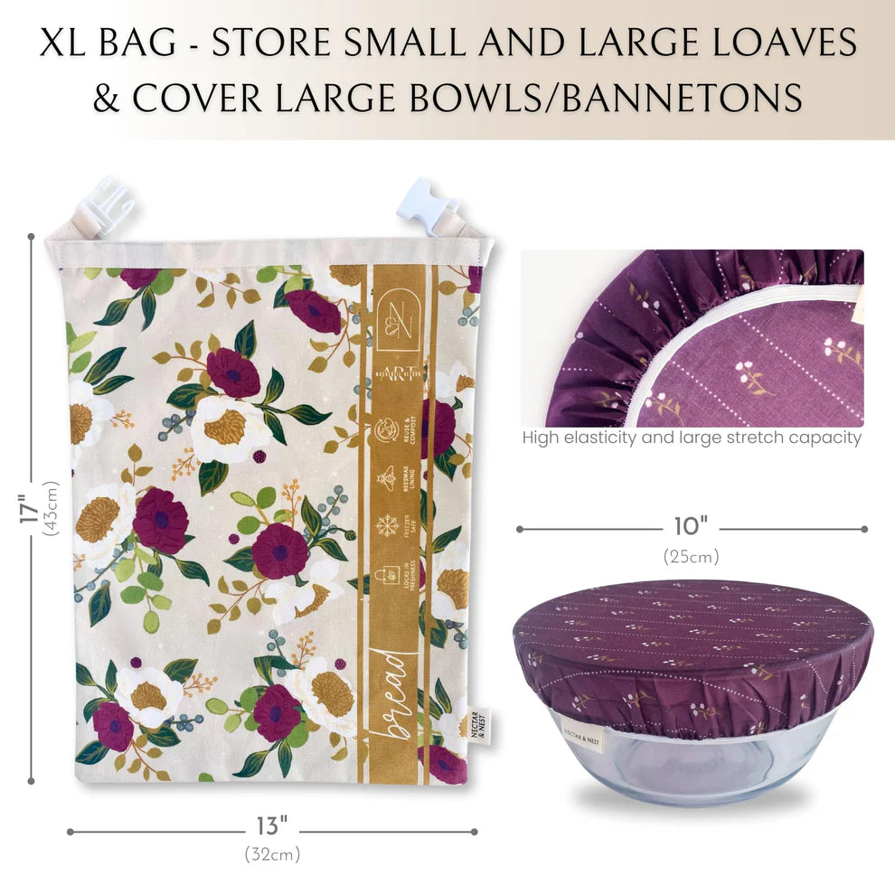 Floral-patterned XL bag with dimensions and a purple bowl cover on a bowl.