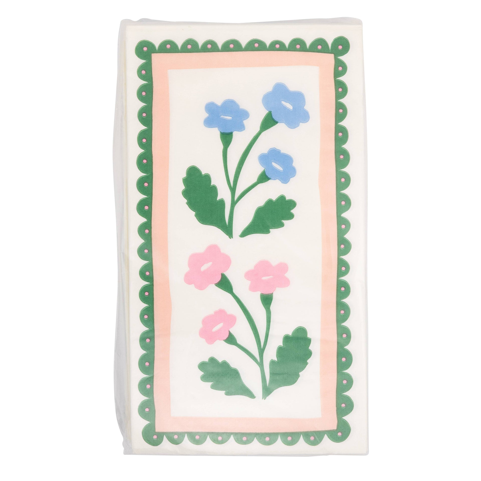 Napkin with floral design on a white background with green, pink, and blue colors.