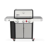 Stainless steel outdoor grill with a white background