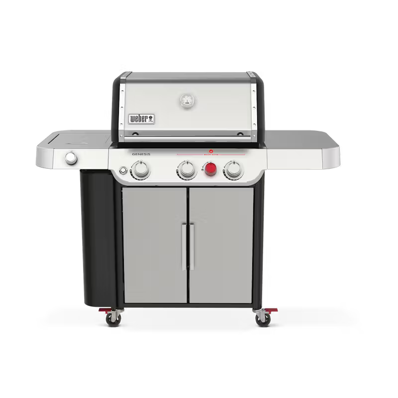 Stainless steel outdoor grill with a white background