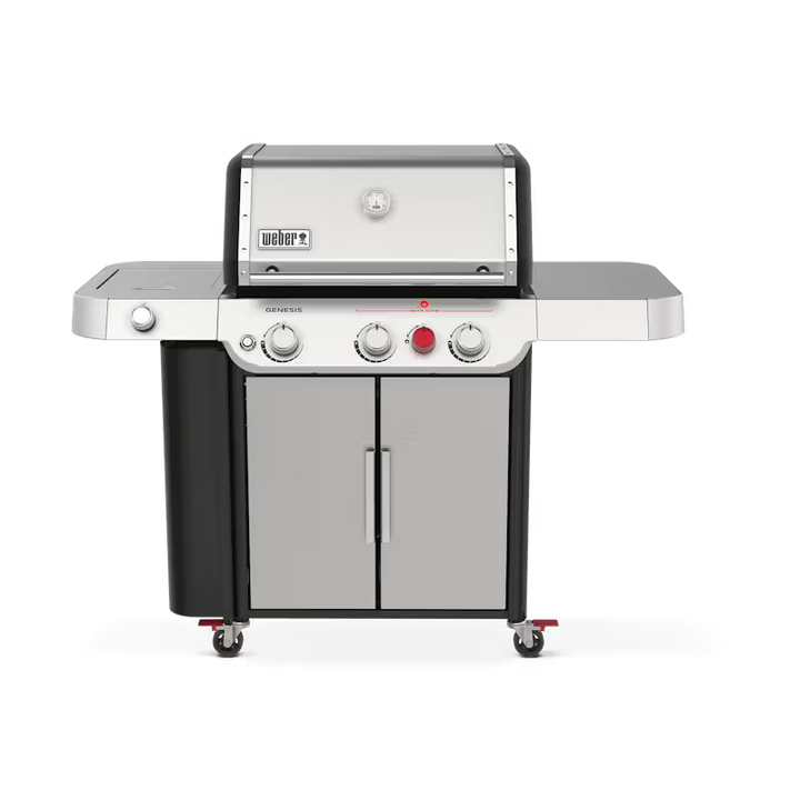 Stainless steel outdoor grill with a white background