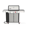 Stainless steel outdoor grill with a white background