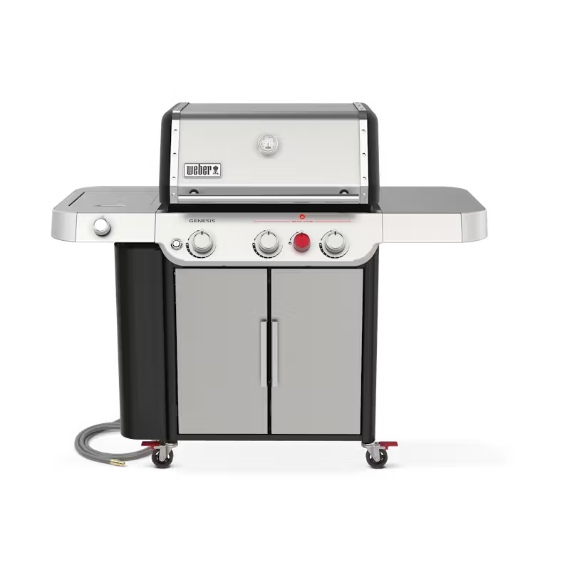 Stainless steel outdoor grill with a white background