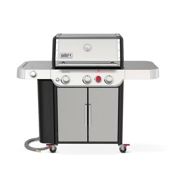 Stainless steel outdoor grill with a white background