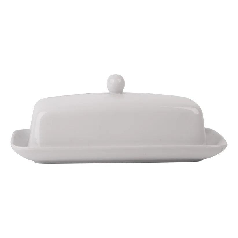 White butter dish with lid on a white background