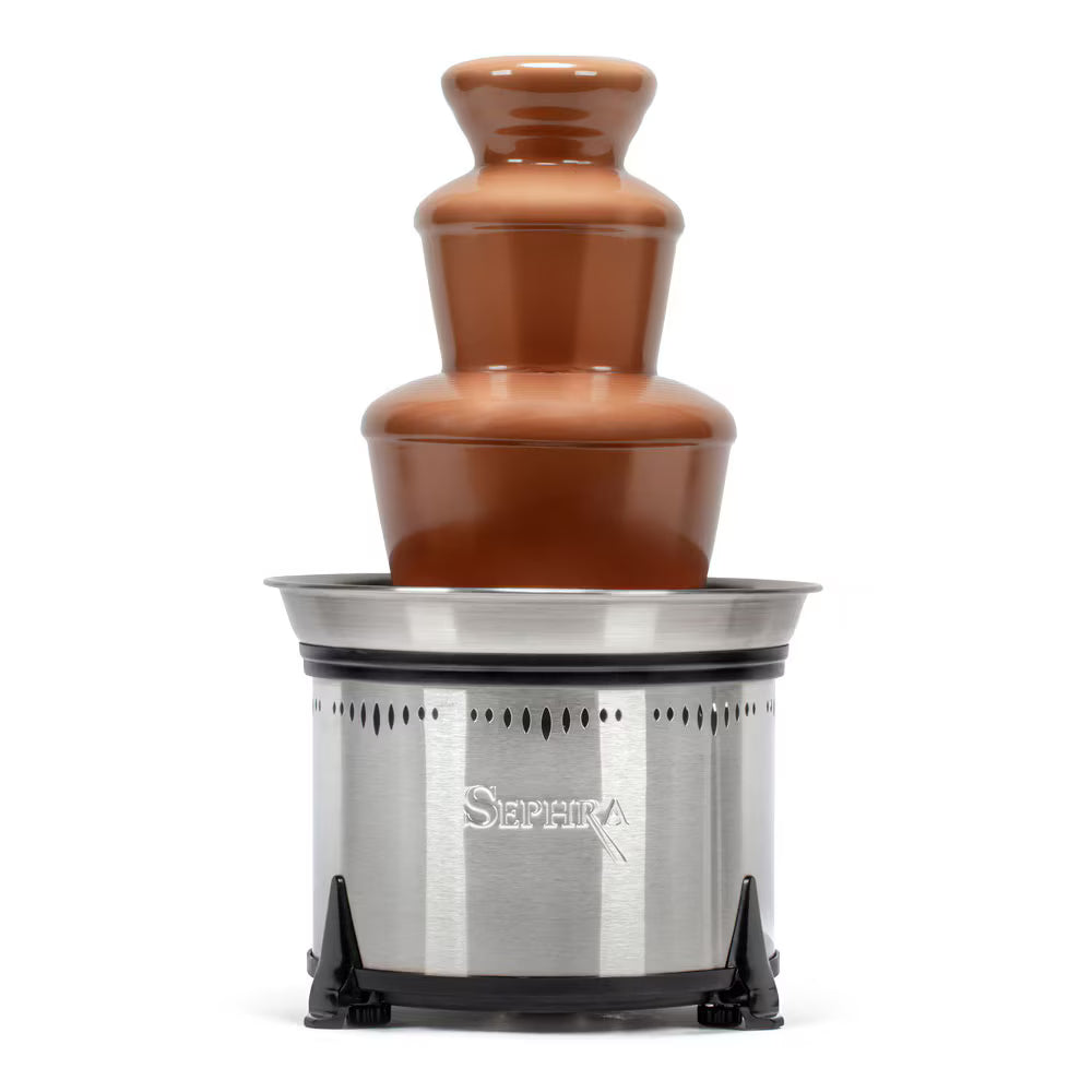 A Sephira brand chocolate fountain with a flowing chocolate tiered structure on a brushed stainless steel base with black feet, shown against a plain white background.