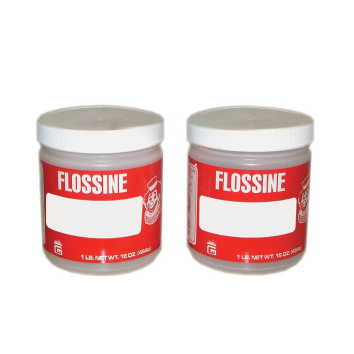 Two jars of Flossine on a white background