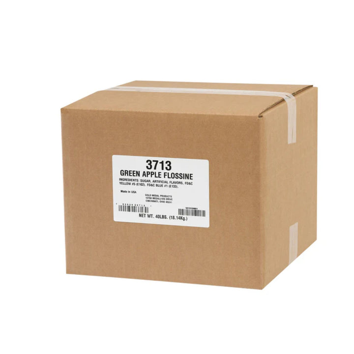 Cardboard box with a Green Apple Flossine label on a white background