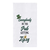 White towel with green text and graphics on a white background