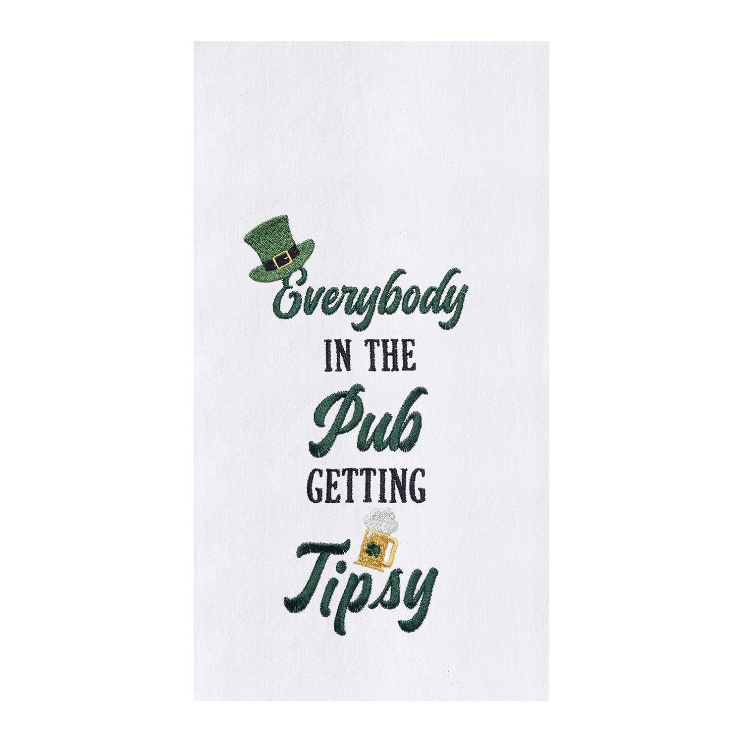 White towel with green text and graphics on a white background