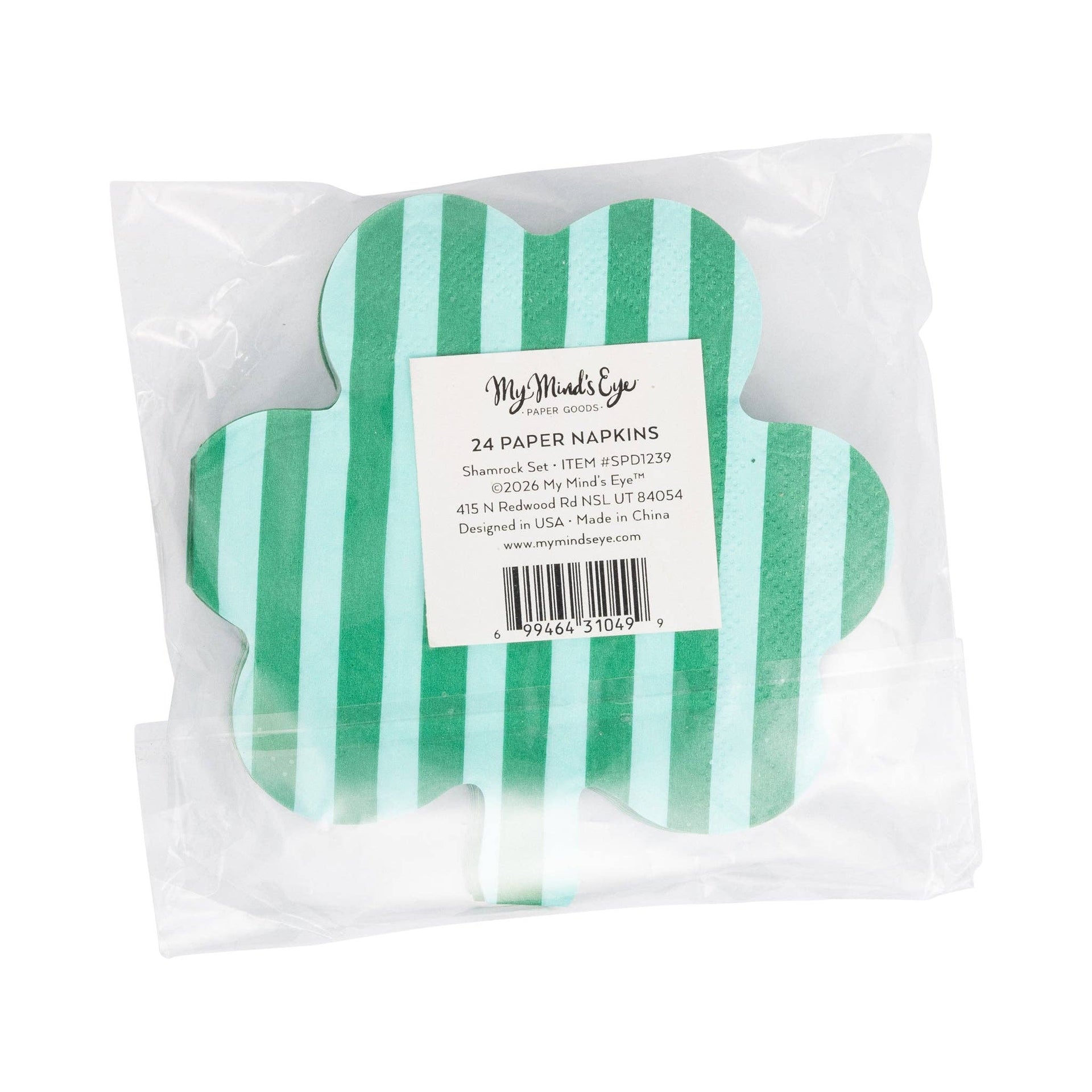 Packaged paper napkins with green and white stripes and a visible brand label.