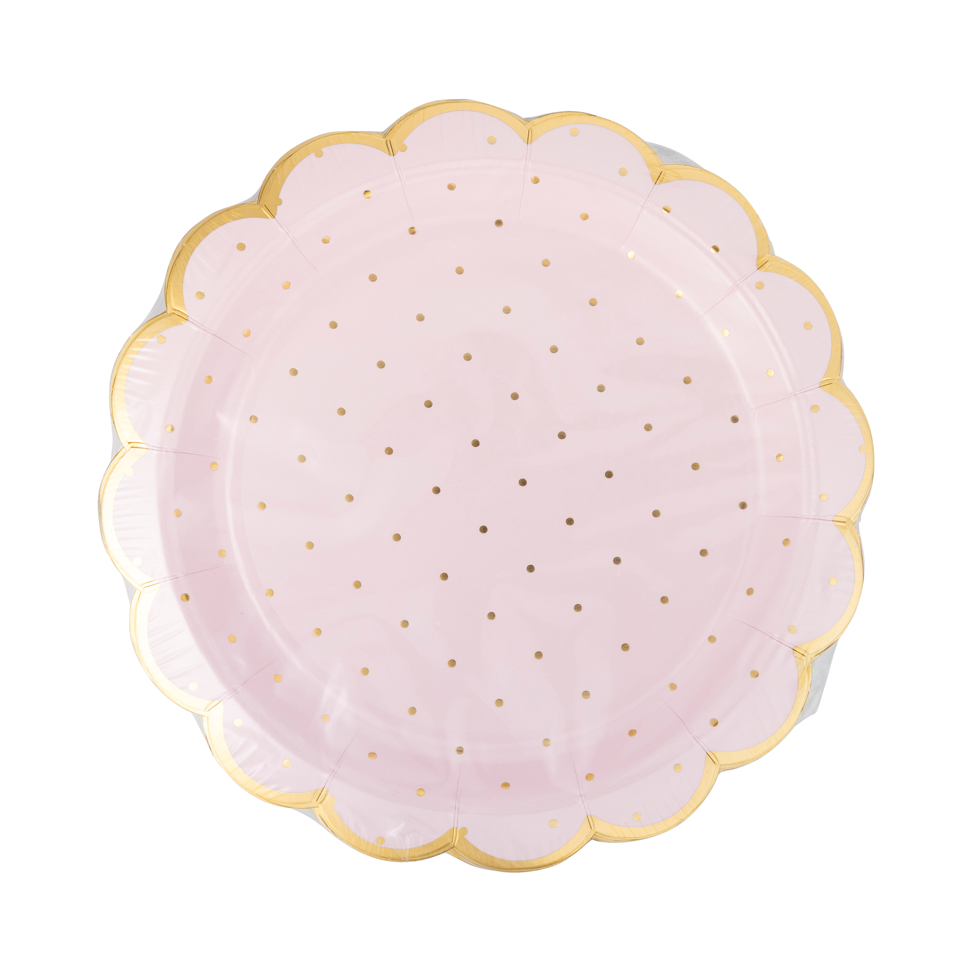 Pink paper plate with gold polka dots and a scalloped edge on a white background