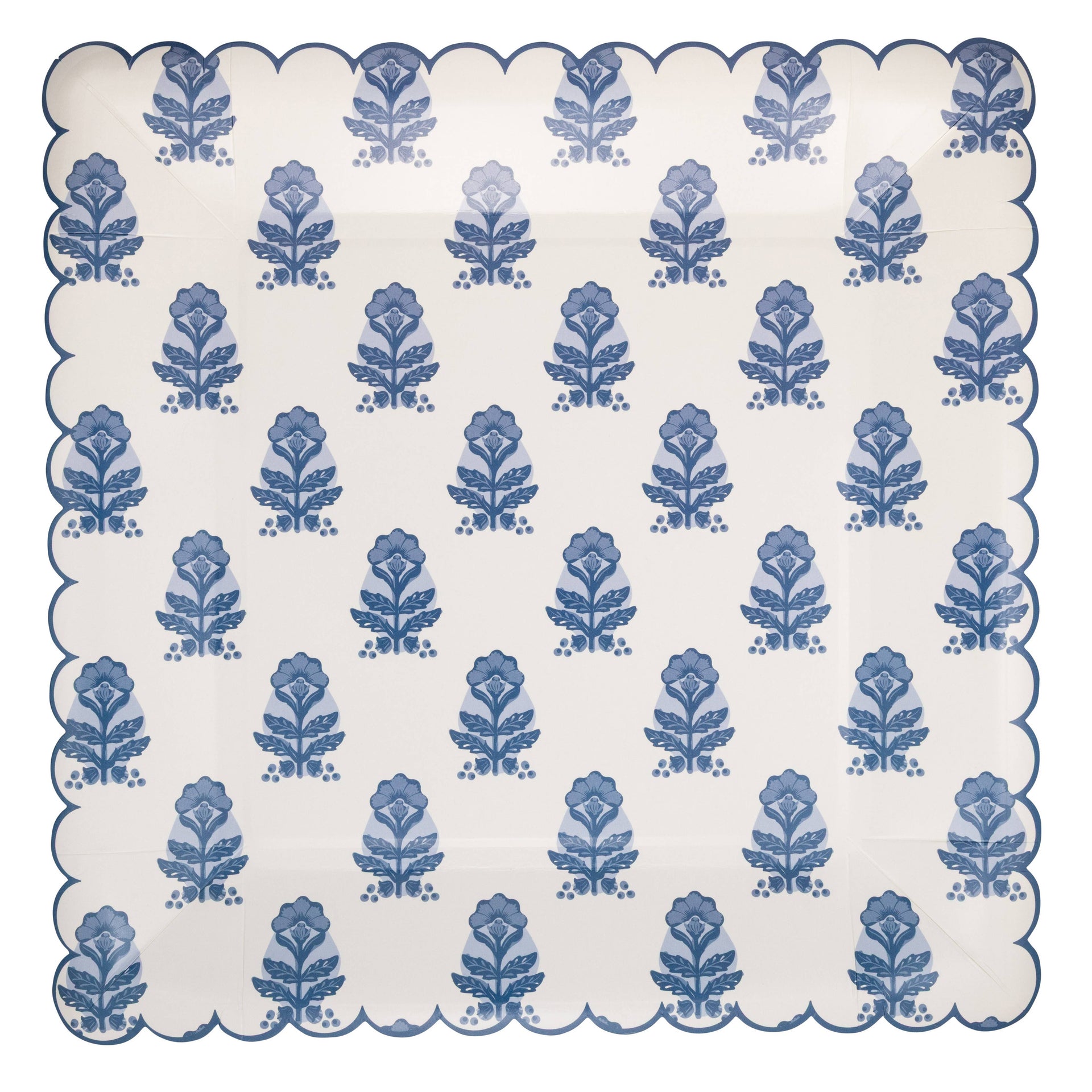 Scalloped edge paper plate with blue floral pattern