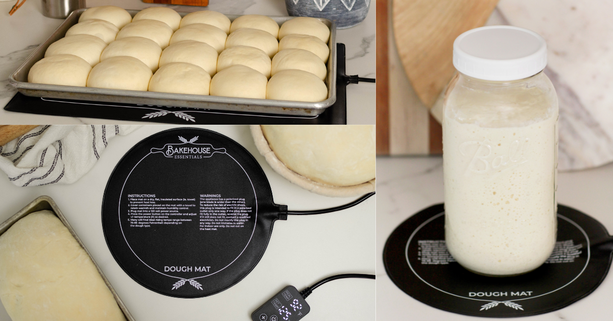 Round Bakehouse Dough Mat with bread rolls, jar of dough, and rolling pin on a kitchen counter.