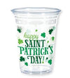 Clear plastic cup with 'Happy St. Patrick's Day!' text and shamrock design on a white background