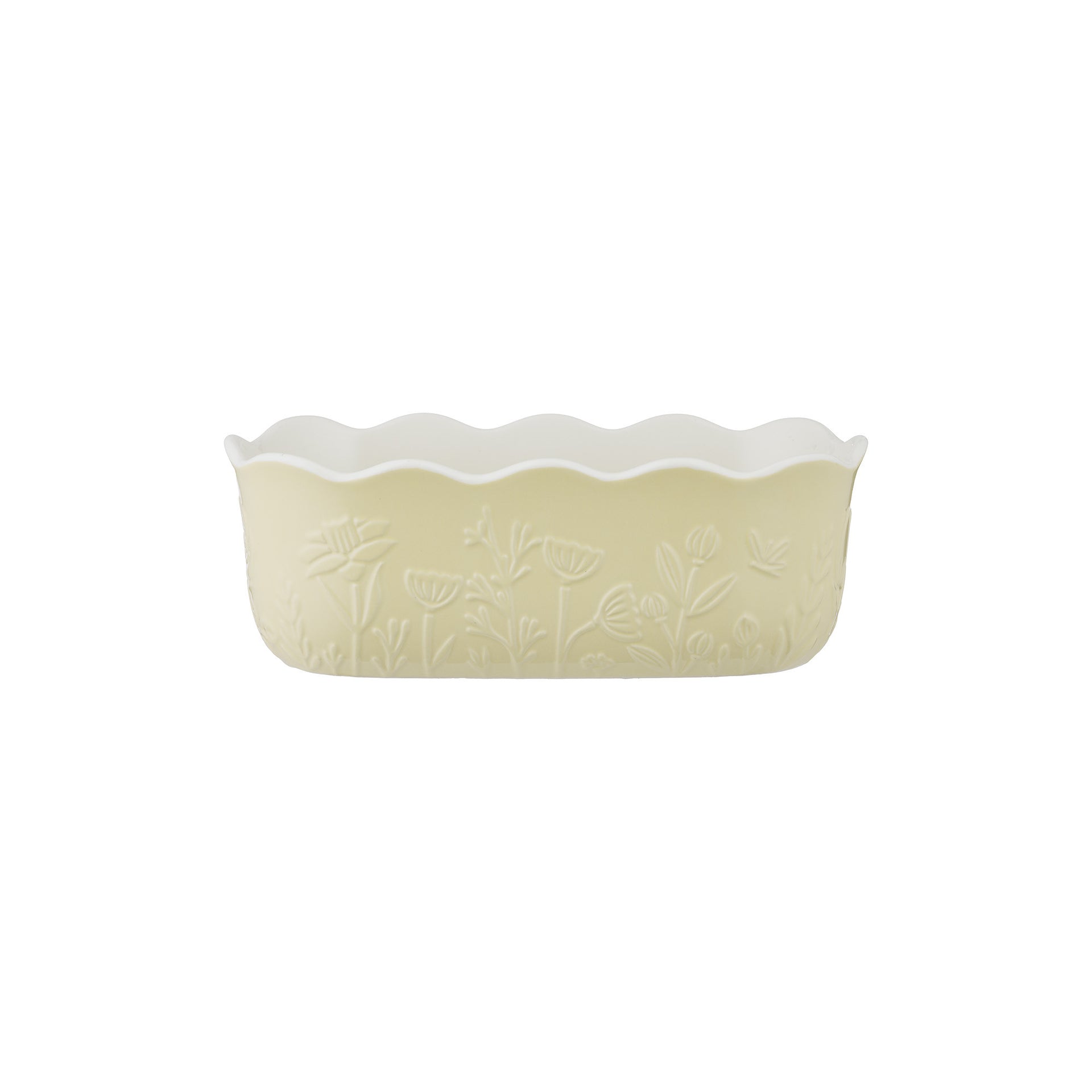 Yellow ceramic pie dish with floral pattern on a white background