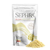 A stand-up pouch of Sephra Belgian White Chocolate for fountains, shown on a white background with a small pile of the white chocolate pieces in front.