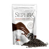 A stand-up pouch of Sephra Premium Dark Chocolate for fountains, with a pile of dark chocolate chips in front on a white background.