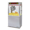 Popcorn machine with yellow popcorn and two popcorn buckets on a white background