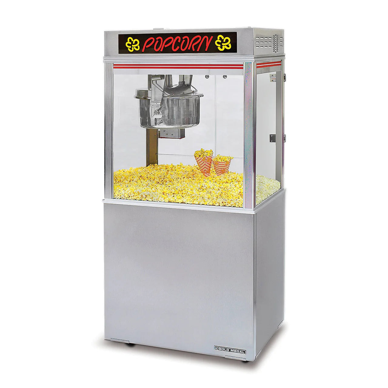 Popcorn machine with yellow popcorn and two popcorn buckets on a white background