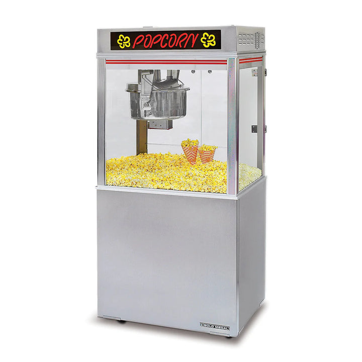 Popcorn machine with yellow popcorn and two popcorn buckets on a white background