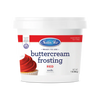 Container of Satin Ice red buttercream frosting on a white background