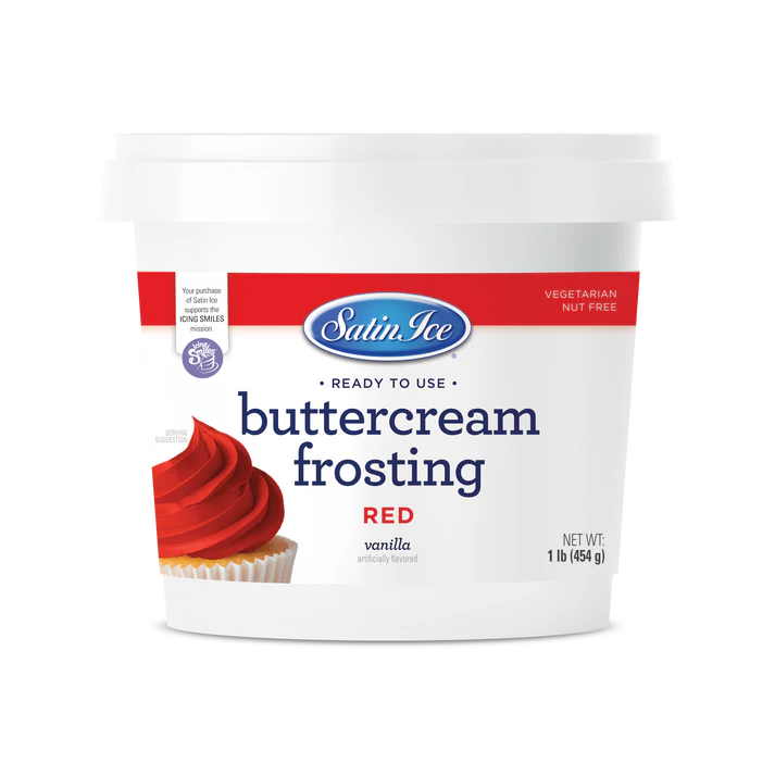 Container of Satin Ice red buttercream frosting on a white background