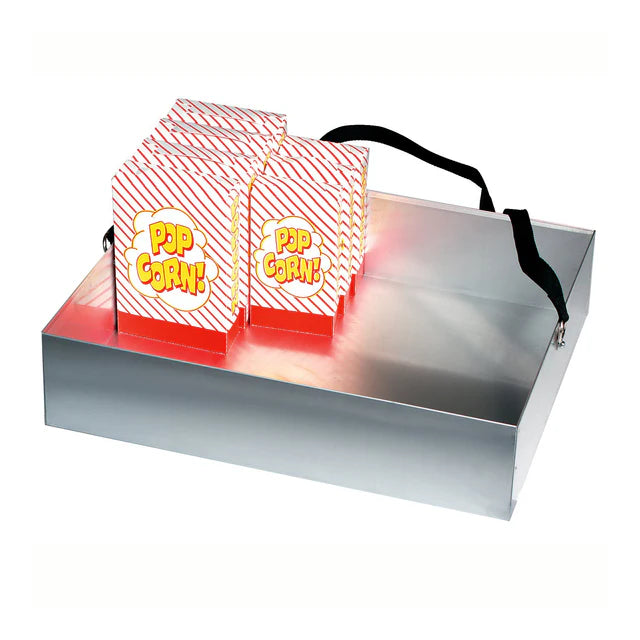 Metallic popcorn vending tray with popcorn boxes labeled 'Pop Corn' on a white background