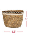Woven basket with decorative band and its dimensions on a white background