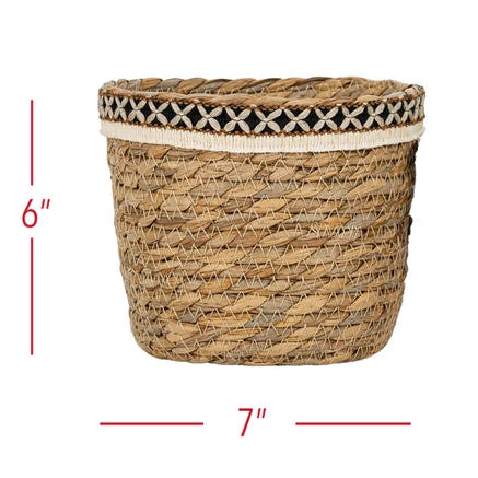 Woven basket with decorative band and its dimensions on a white background