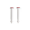 Two white plastic pop-up timers with red caps on a white background