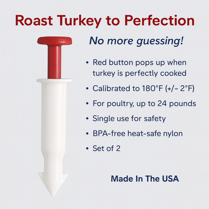 Turkey thermometer with red button and white body on a light gray background, featuring text about its features.