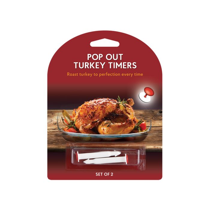Packaging of Pop Out Turkey Timers with a roasted turkey image on a white background
