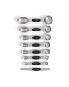 Set of stainless steel measuring spoons with black labels on a white background