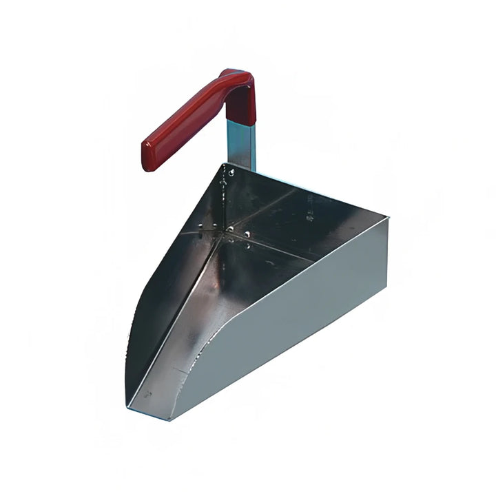 Metal sugar scoop with a red handle on a white background