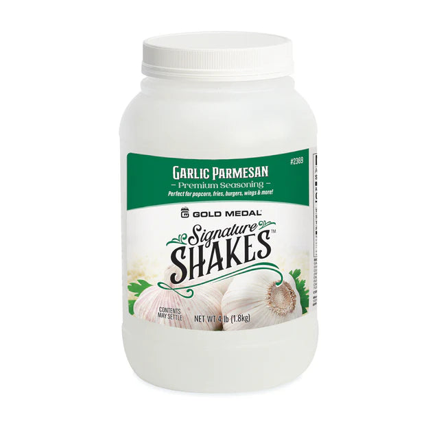 Gold Medal Signature Shakes Garlic Parmesan flavor container on a white background