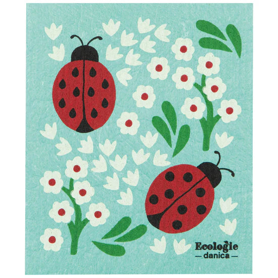 Swedish dishcloth with ladybug and flower design on a blue background, featuring the brand 'Ecologie danica'.
