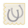 Napkin with two gray horseshoe designs on a white background with gold border