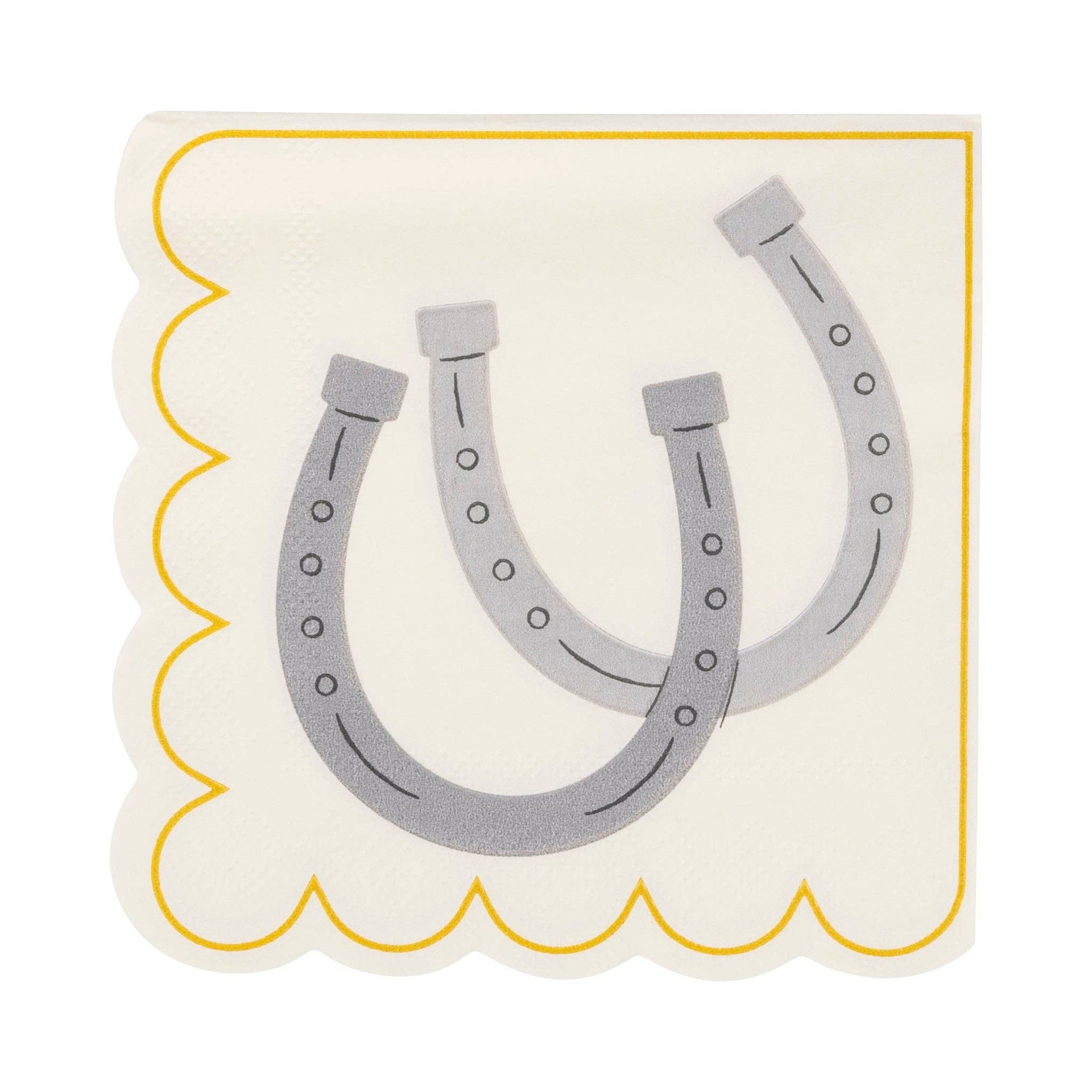 Napkin with two gray horseshoe designs on a white background with gold border