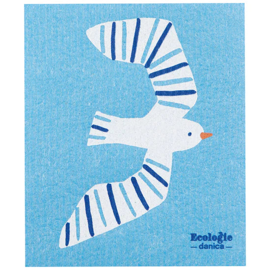 Dishcloth with a seagull design on a blue background, featuring the brand 'Ecolegie danica'.