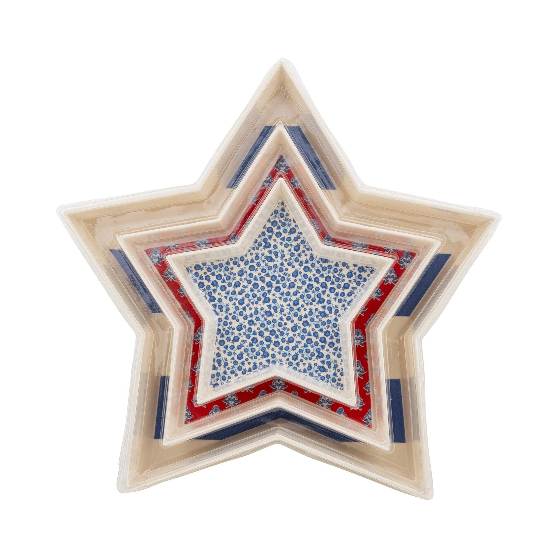 Star-shaped stacking trays with a patterned center designs on a white background