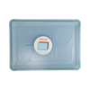 Rectangular blue lunch tray with a label on a white background