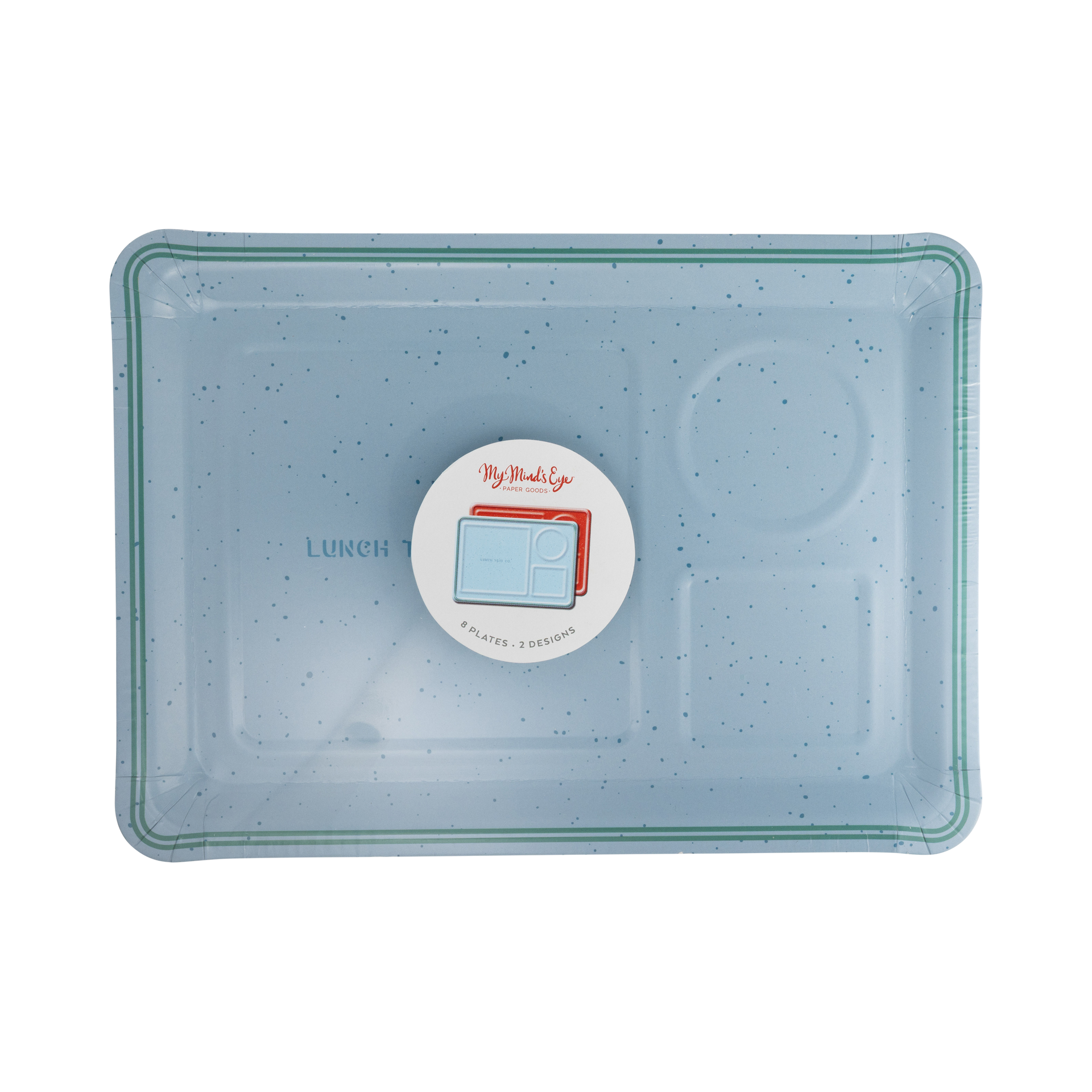 Rectangular blue lunch tray with a label on a white background