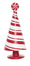 Red and white striped Christmas tree with candy cane design on a white background.