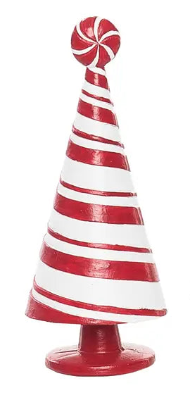 Red and white striped Christmas tree with candy cane design on a white background.