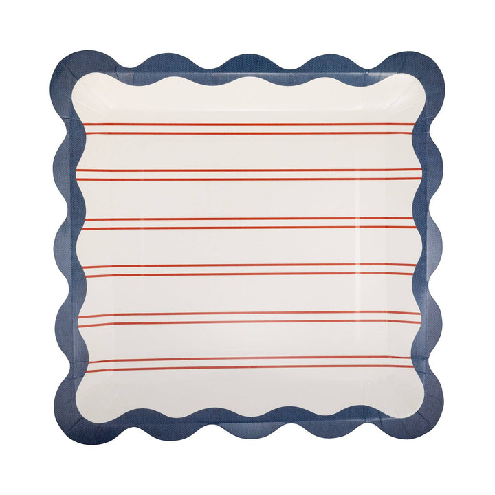 Square paper plate with red stripes and blue scalloped edge on a white background