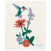 Dishcloth with a hummingbird and flowers design on a white background, featuring the brand 'Ecologie danica'.