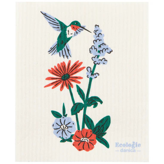 Dishcloth with a hummingbird and flowers design on a white background, featuring the brand 'Ecologie danica'.