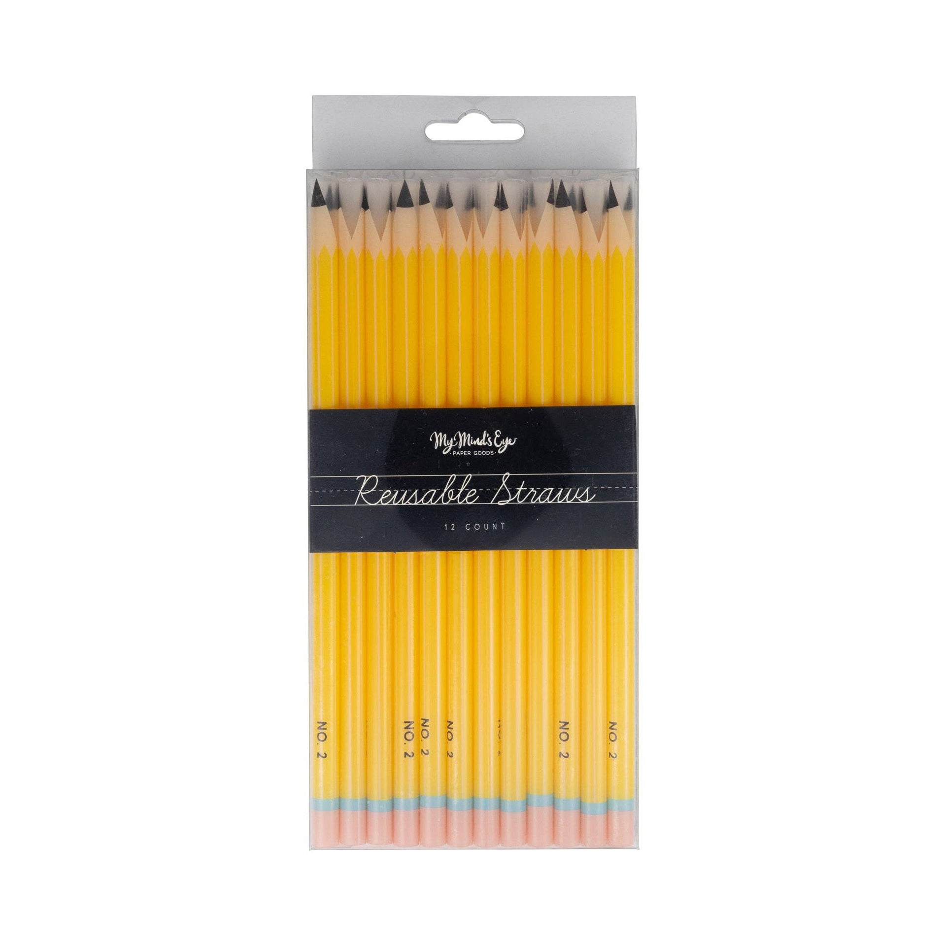 Pack of yellow reusable straws with a black label on a white background