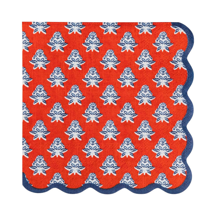 Napkin with blue geometric pattern on a red background